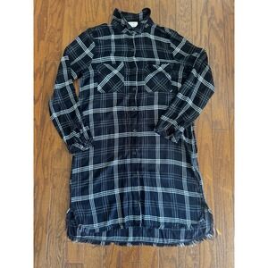 Cloth & Stone Plaid Shirt Dress Black White Button Front Frayed Hem Sz M Western